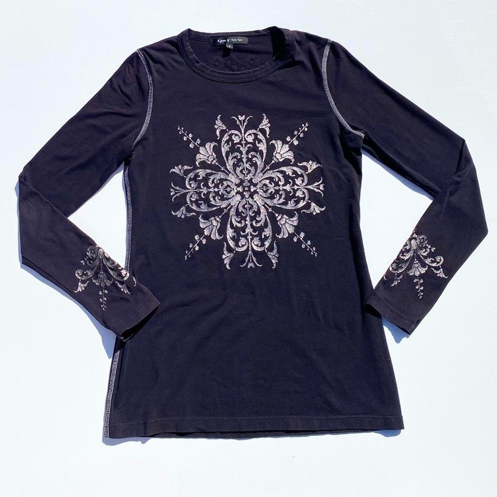 Karen Kane Metallic silver graphic print black long sleeve Women's Small Goth